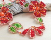 Flower Necklace Beadwork Beaded Jewelry Handmade Floral Red Orange Green Copper Wire Work Summer Fashion Handcrafted Artisan