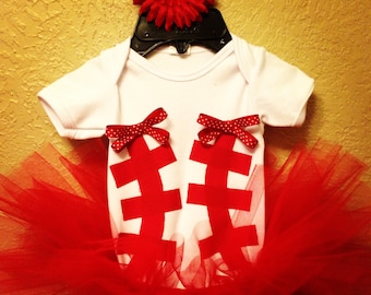 Baseball baby onesie and tutu outfit With matching bow in sizes 0-3mo, 3-6mo, 6-12mo, & 24mo
