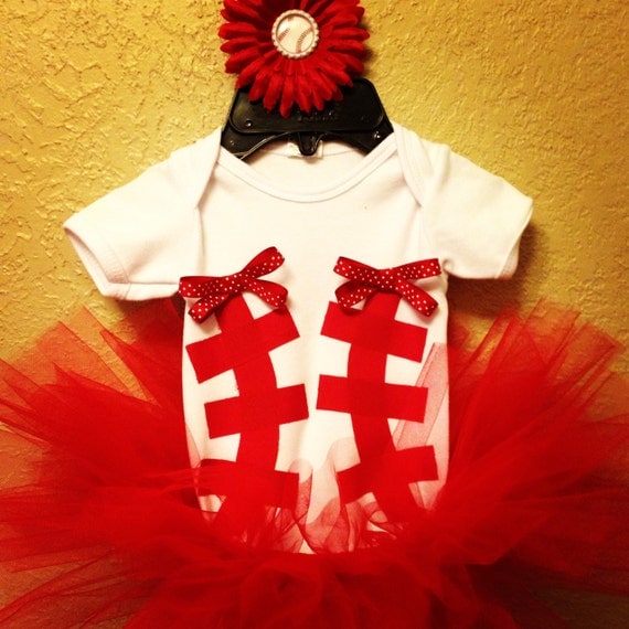 Baseball baby onesie and tutu outfit With matching bow in sizes 0-3mo, 3-6mo, 6-12mo, & 24mo