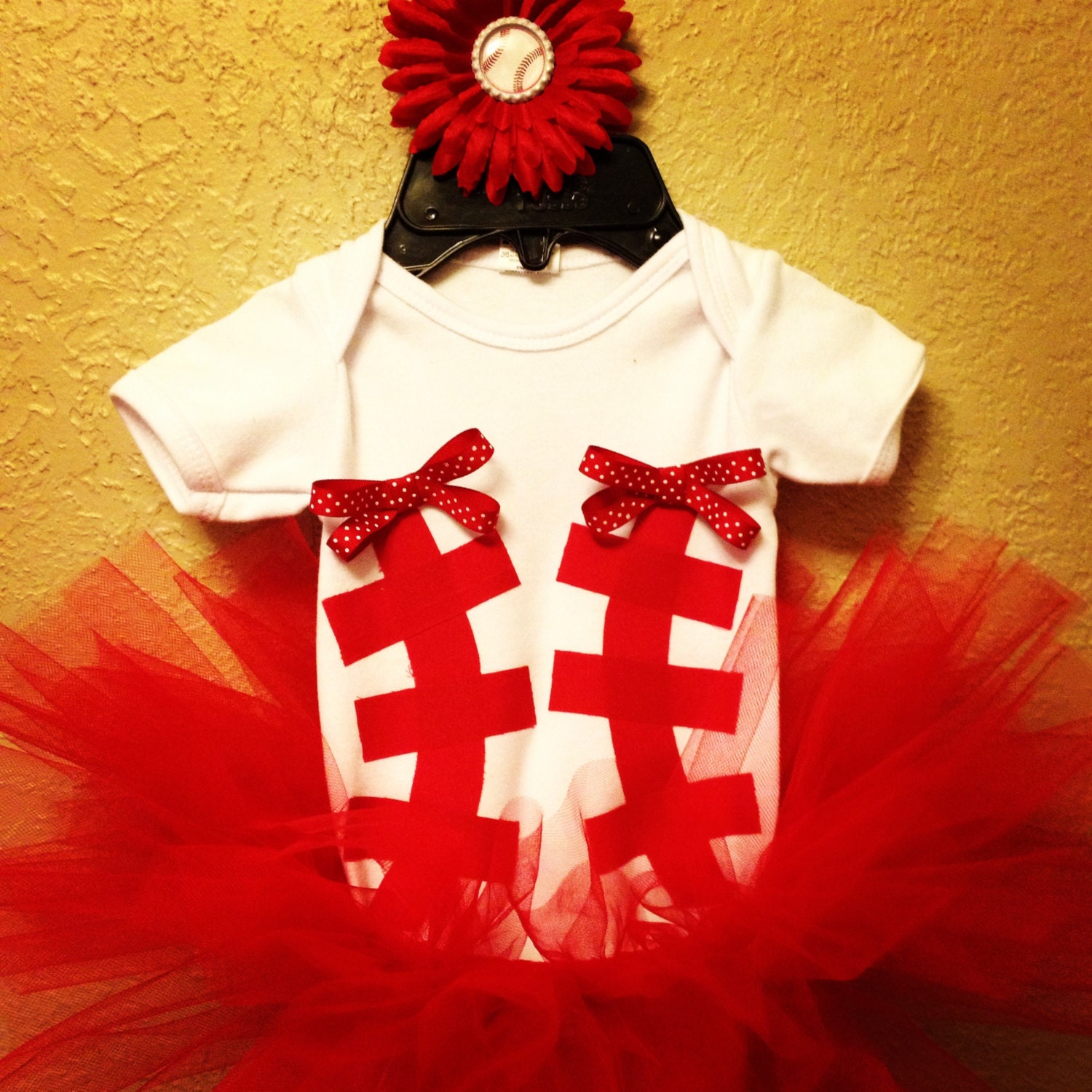 Baseball baby onesie and tutu outfit With matching bow in sizes 0-3mo, 3-6mo, 6-12mo, & 24mo