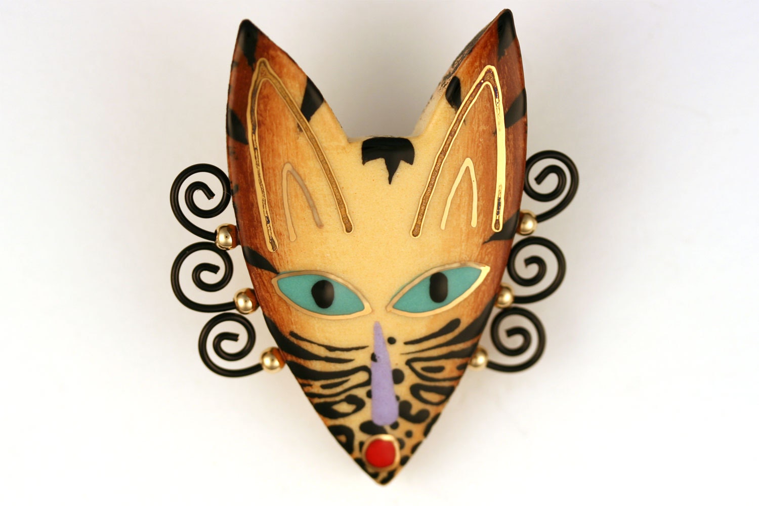 Cat Mask Pin Cat Mask Brooch Handmade Ceramic with 22k Gold Accents by Sean Brown