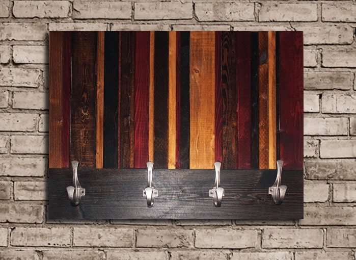 Modern Wood Wall Art Sculpture Vertical Provincial, Cherry, Ebony, and Golden Oak Stripe Coat Hanger approximately 25.5 x 19.5"