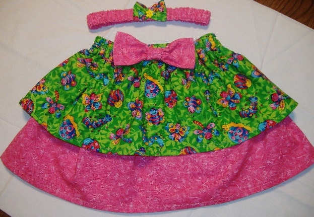 Toddler Girls  Ooak Tiered Sweet Little Bugs Skirt and Headband Set Size 2T/3T