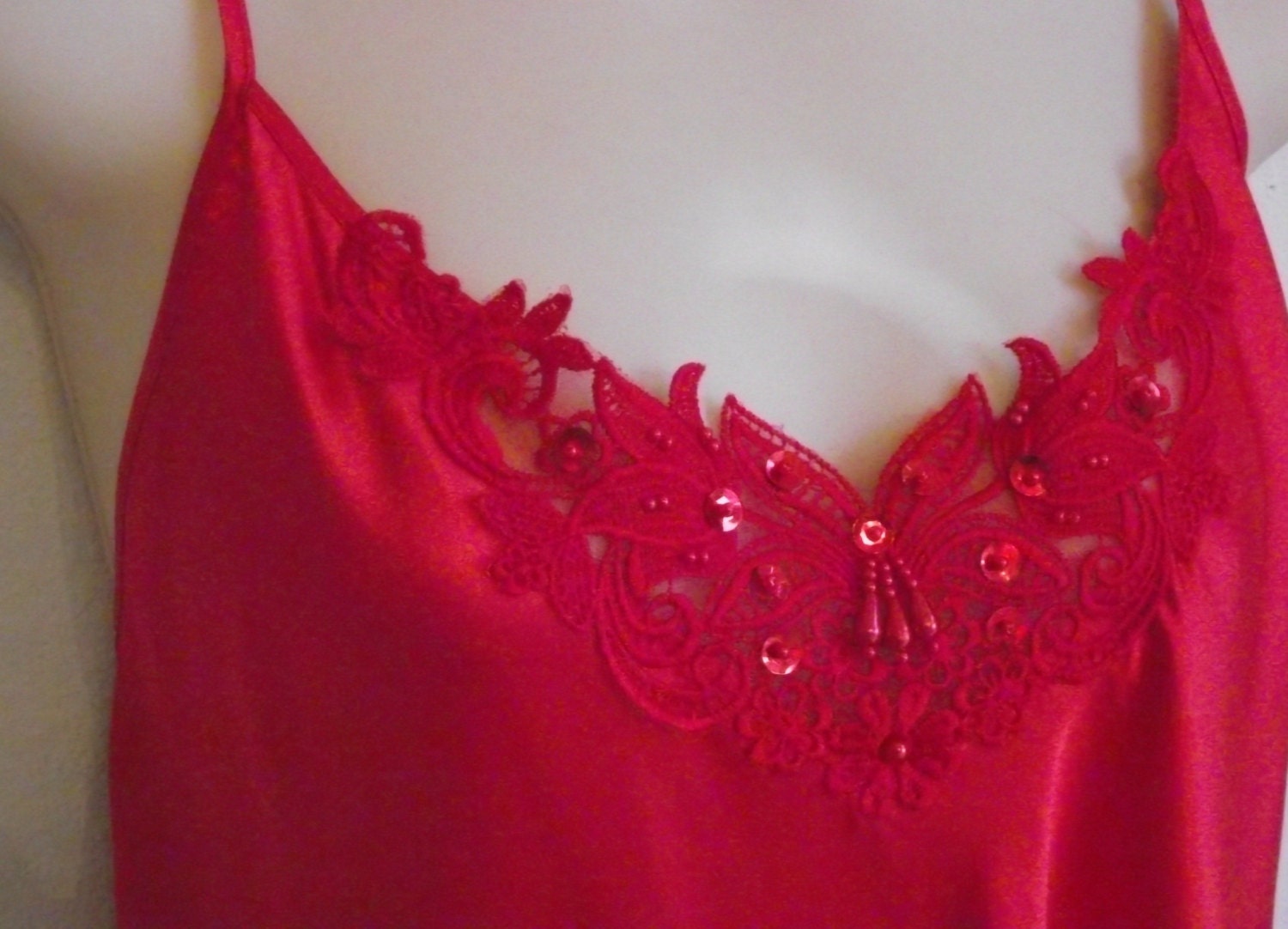 Vintage nightgown red silky & beaded bodice M