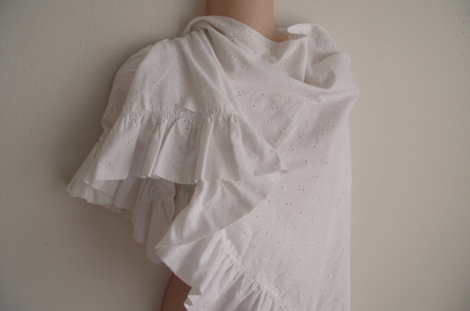 Vintage shawl cape white cotton eyelet bridal  serenity wrap