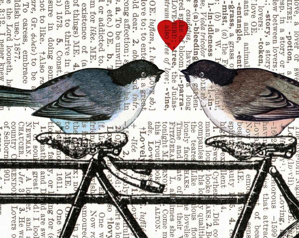 TANDEM bicycle with birds and love heart - LARGE ARCHIVAL dictionary page print - 13 x 19 inches - valentine art print  digital
