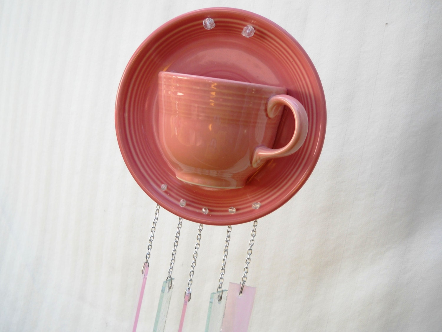 Fiesta Cup and Saucer Windchime Upcycled Garden Art with Stained Glass Wind Chimes