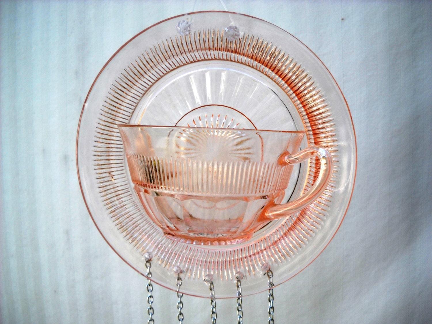 1930s Depression Glass Tea Cup Windchime with Stained Glass Wind Chimes