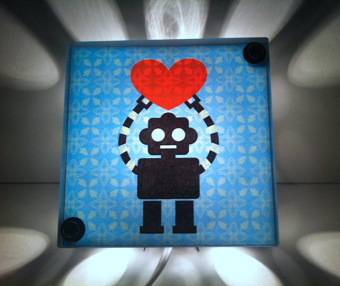 Robot Love - Geekery Baby Nursery Night Light - Repurposed Vintage Dictionary Print Design Night Light
