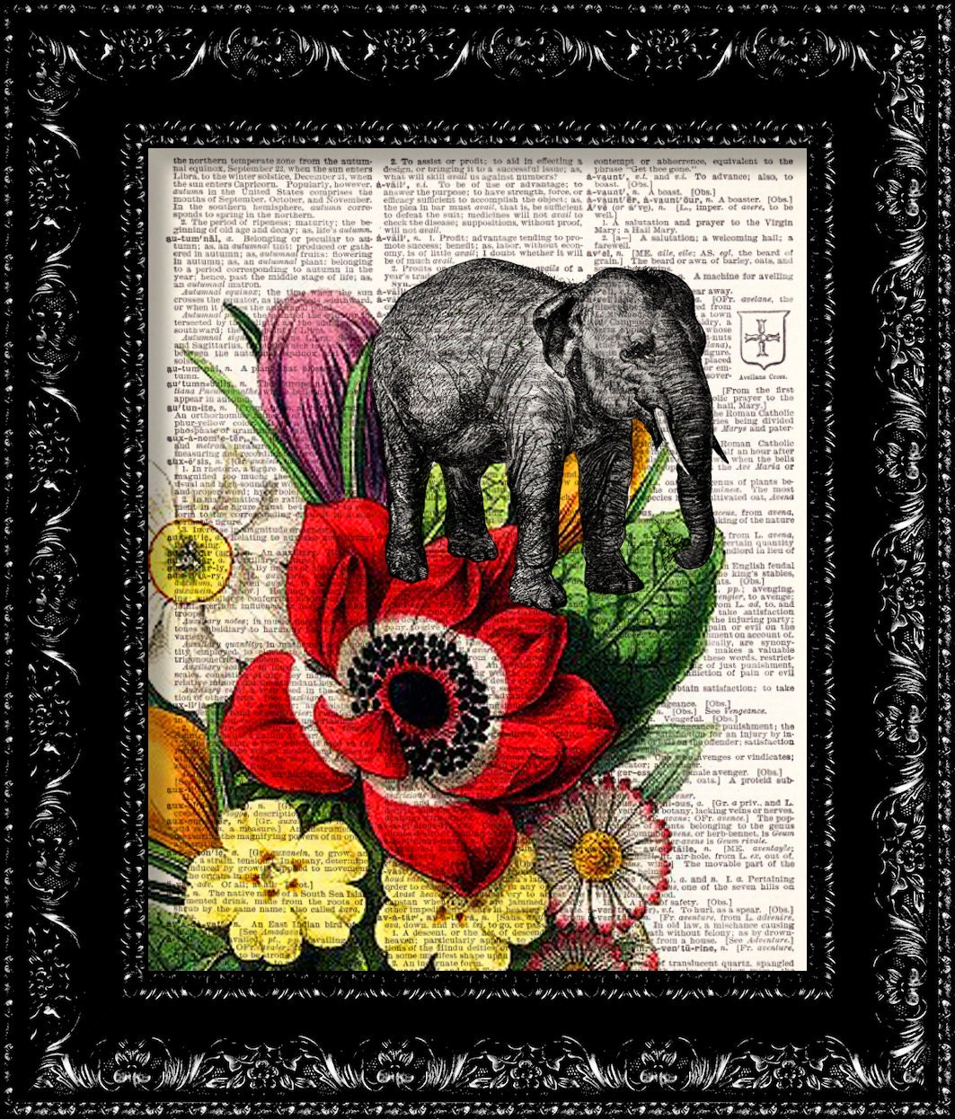 Hidden Elephant Flower Print -  - Vintage Dictionary Print Vintage Book Print Page Art Upcycled Vintage Book Art