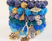 Aqua Stretch Beaded Bracelet Silver Buddha Charm Bracelet