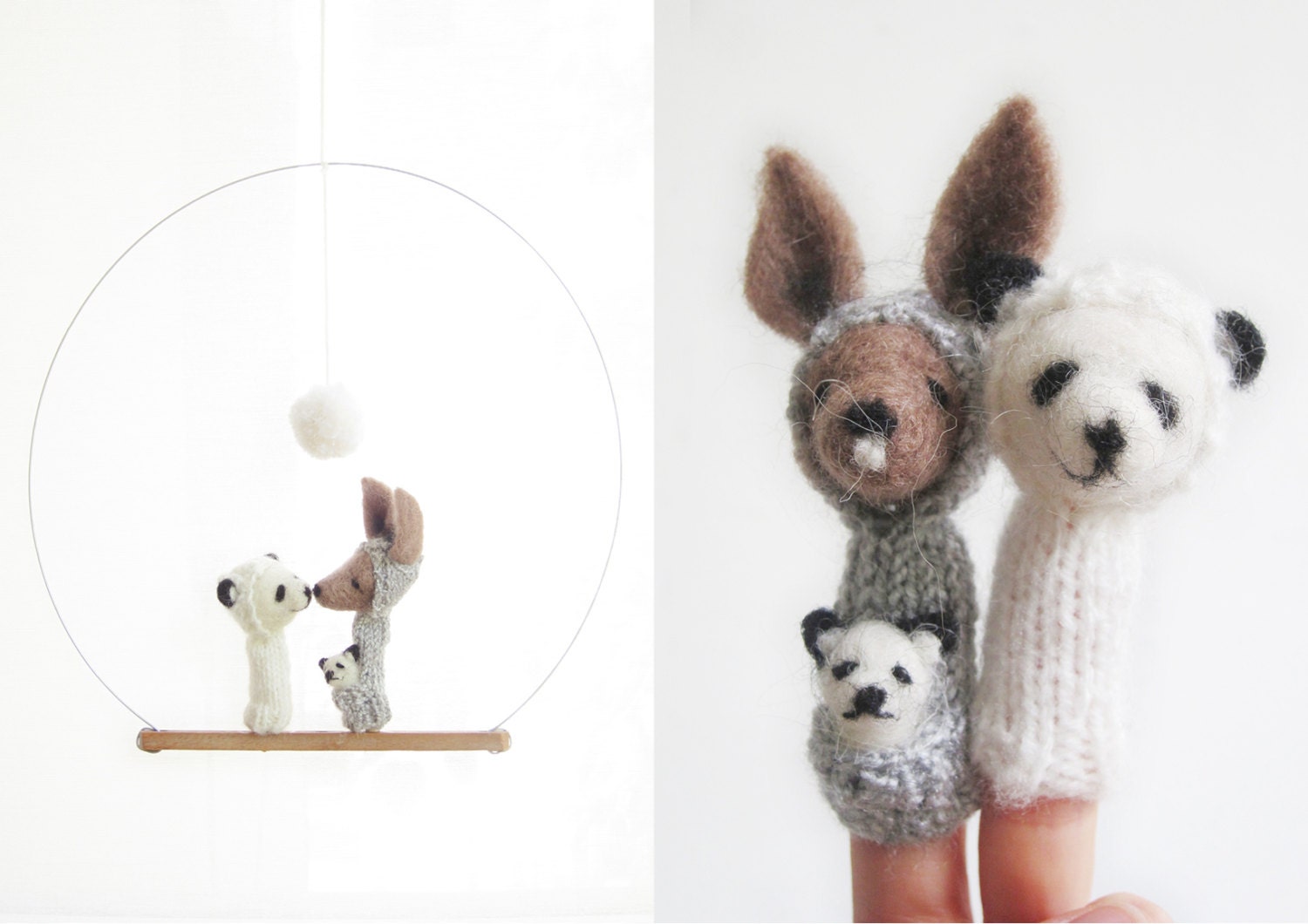 FINGER PUPPET MOBILE / Wall Hanging, Kangaroo & Panda Multicultural Family, Mother, Father and Baby, felted wool toy and child's room decor