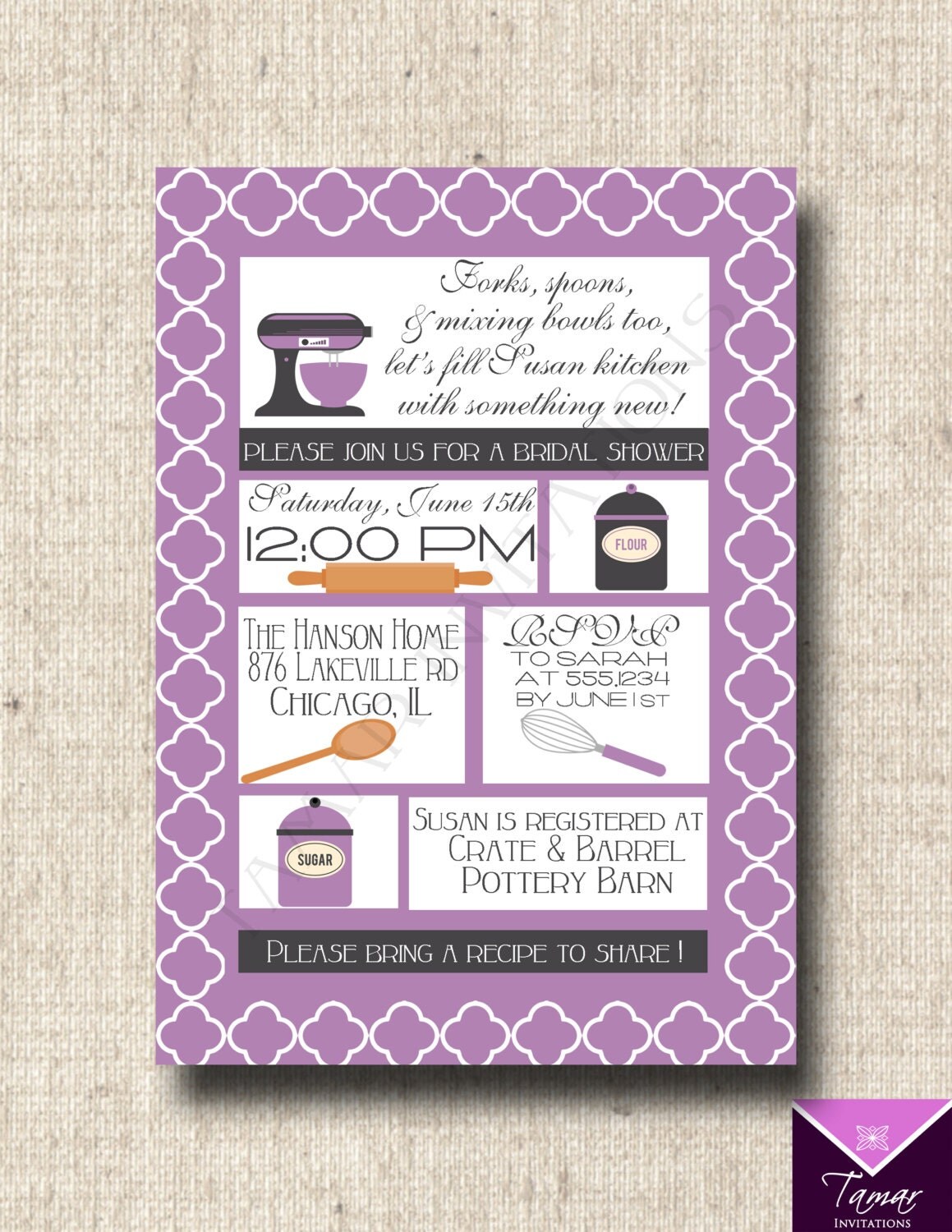 Printable Bridal Shower Invitation, Recipe Card, Tags, Toppers -Mod Kitchen Quarterfoil Design- Il_570xn