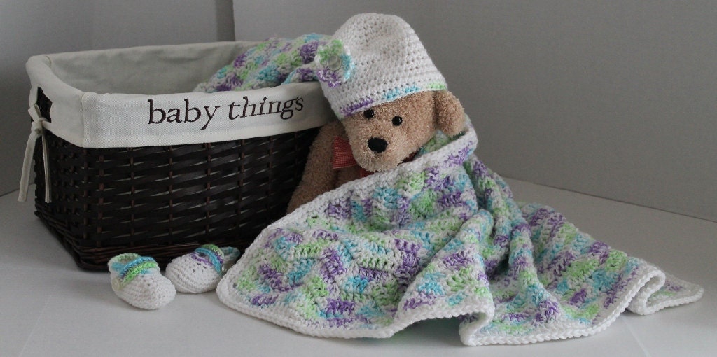 Baby Set - Ripple Blanket with Hat and Mary Jane's - White, Purple, Bue, Green