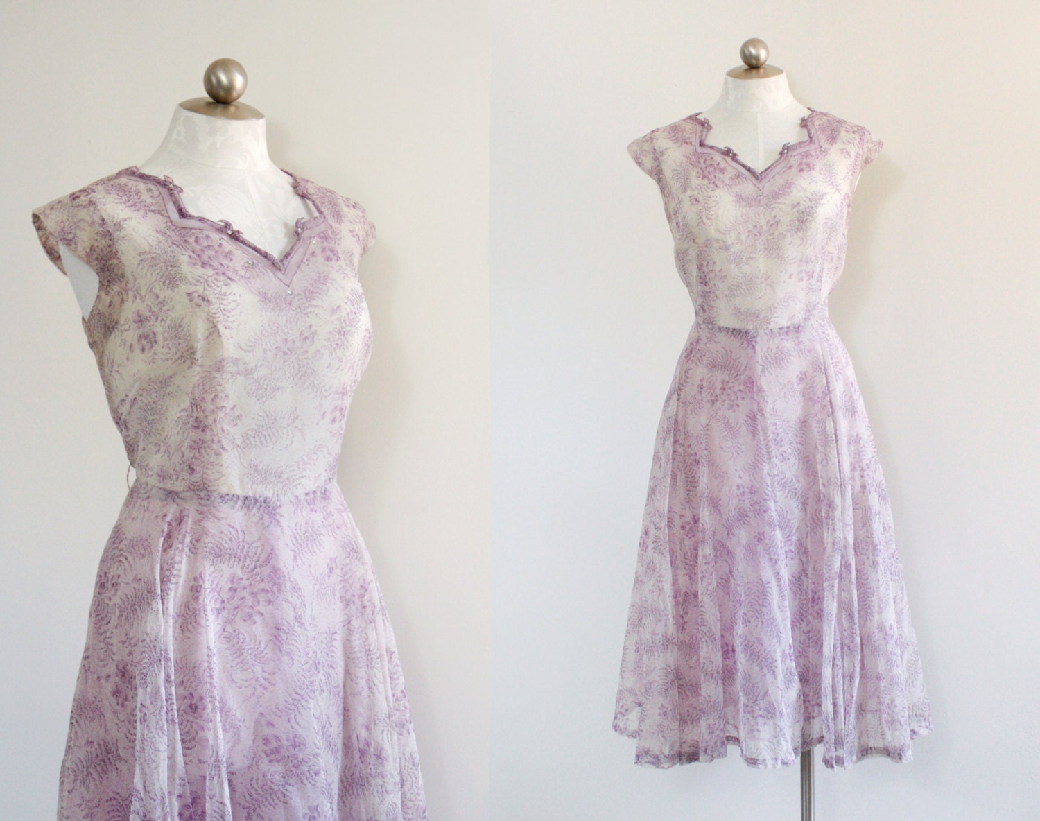 40s - 50s sheer Lilac Fern print // size L - XL