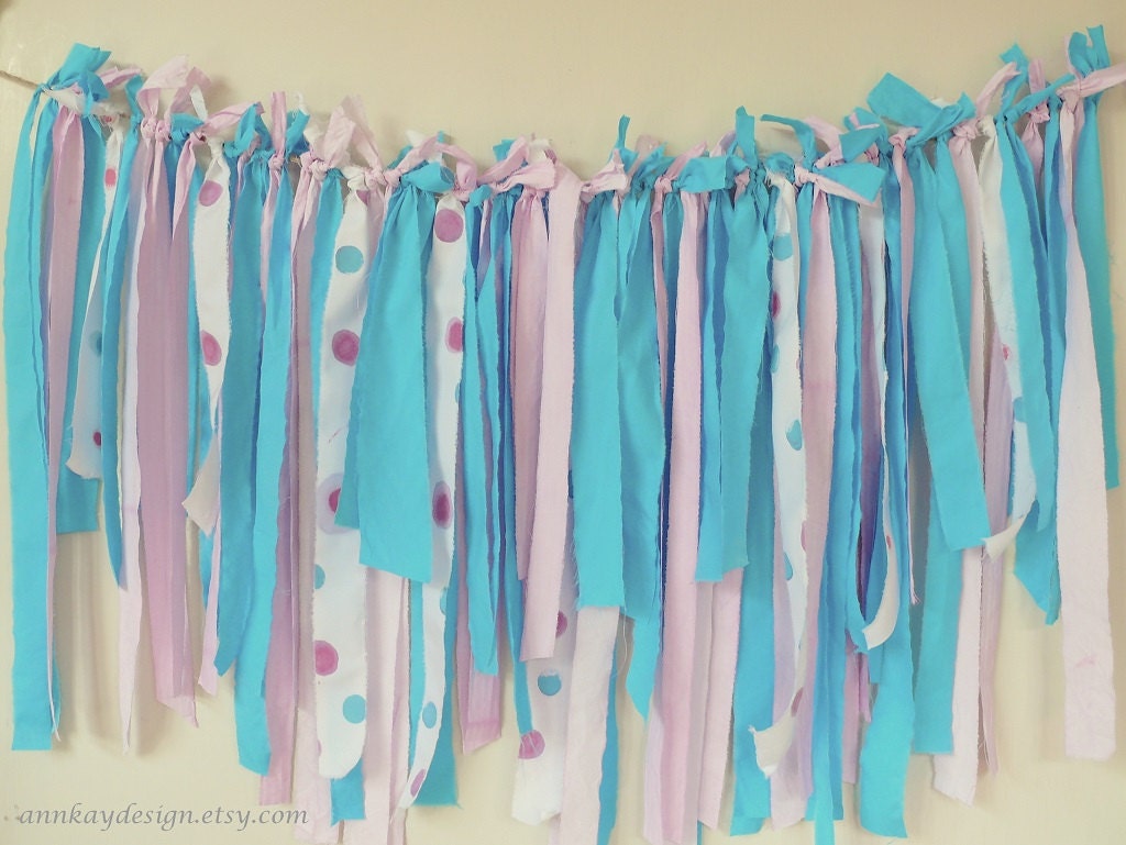 Fabric Garland Rag Tie Streamer Backdrop Pink and Turquoise