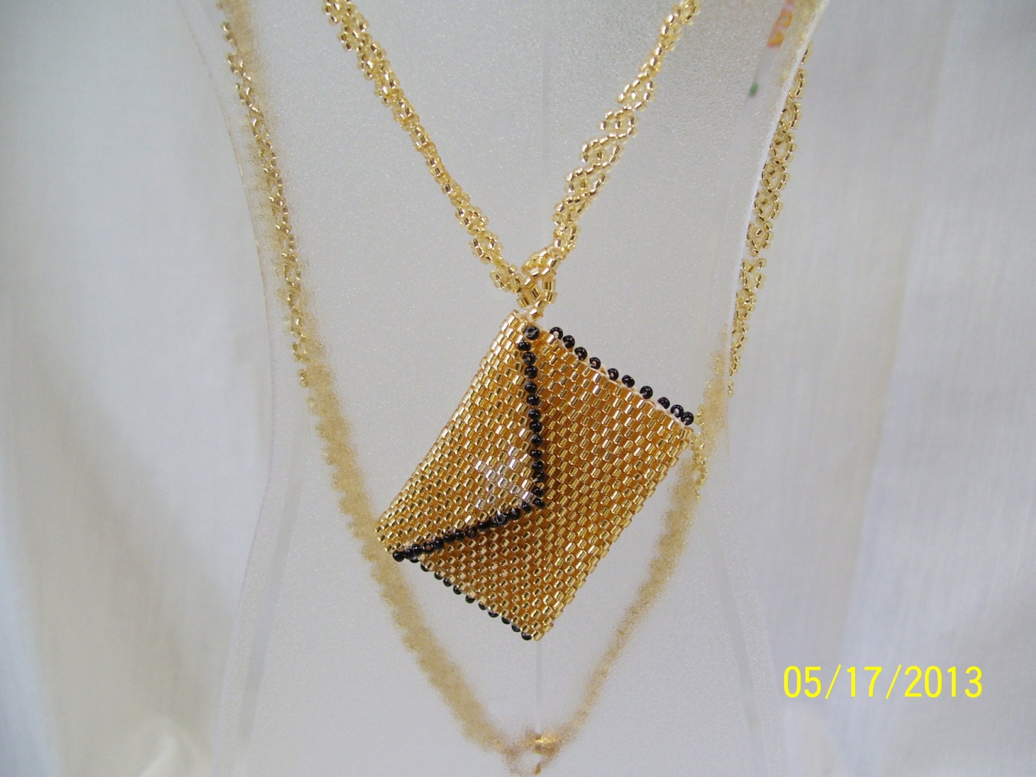 Gold Seed Bead Prayer Purse with Gold Cross inside , 18 inch seed bead Chain