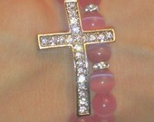 sideways crystal paved cross, pink cat eye gemstone & swarovski crystal beaded stretch bracelets set of 2 ( free shipping usa)