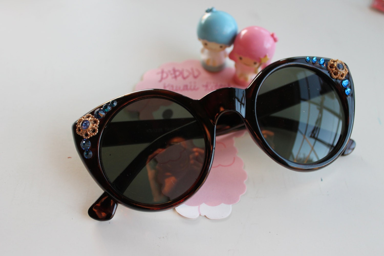 Baroque Gold Floral Insets & Capri Blue Swarovski Crystals on Retro Tortoise Cat Eye Sunglasses