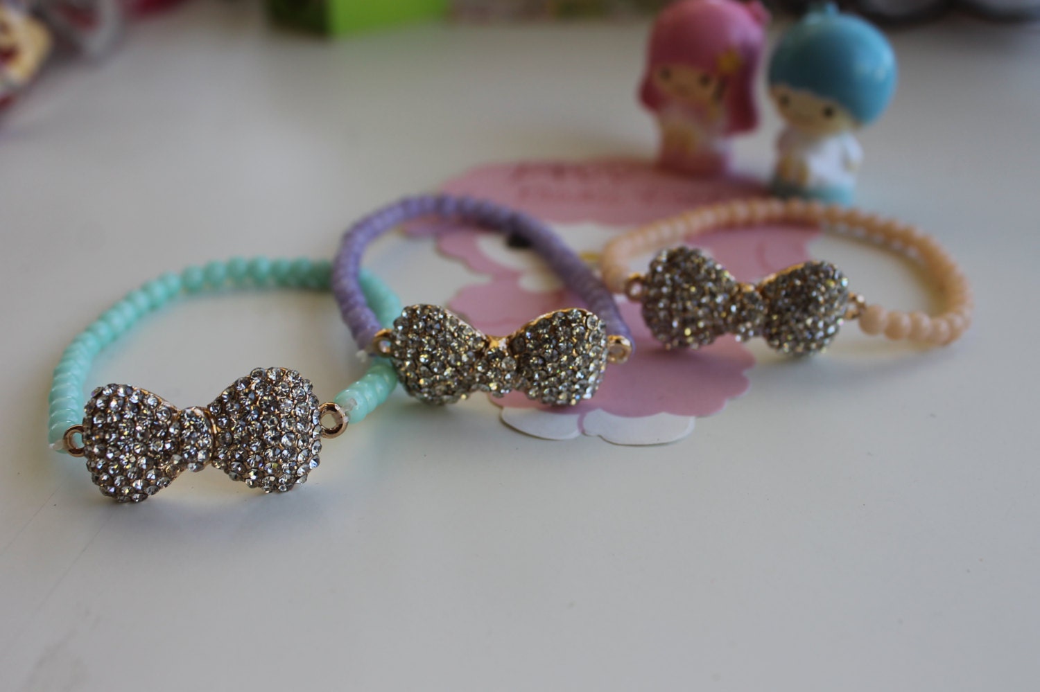 Sweet Pastel Sparkly Crystal Bow Dainty Beaded Bracelets