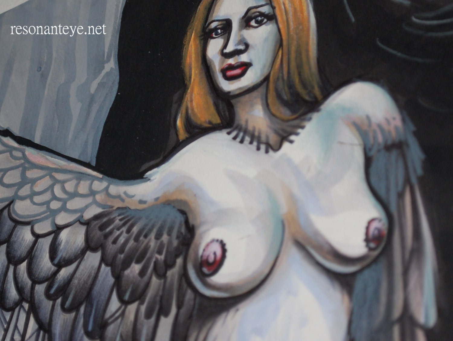 alkonost, harpy, fantasy woman, witch bird: harpy in moonlight, tattoo artist painting