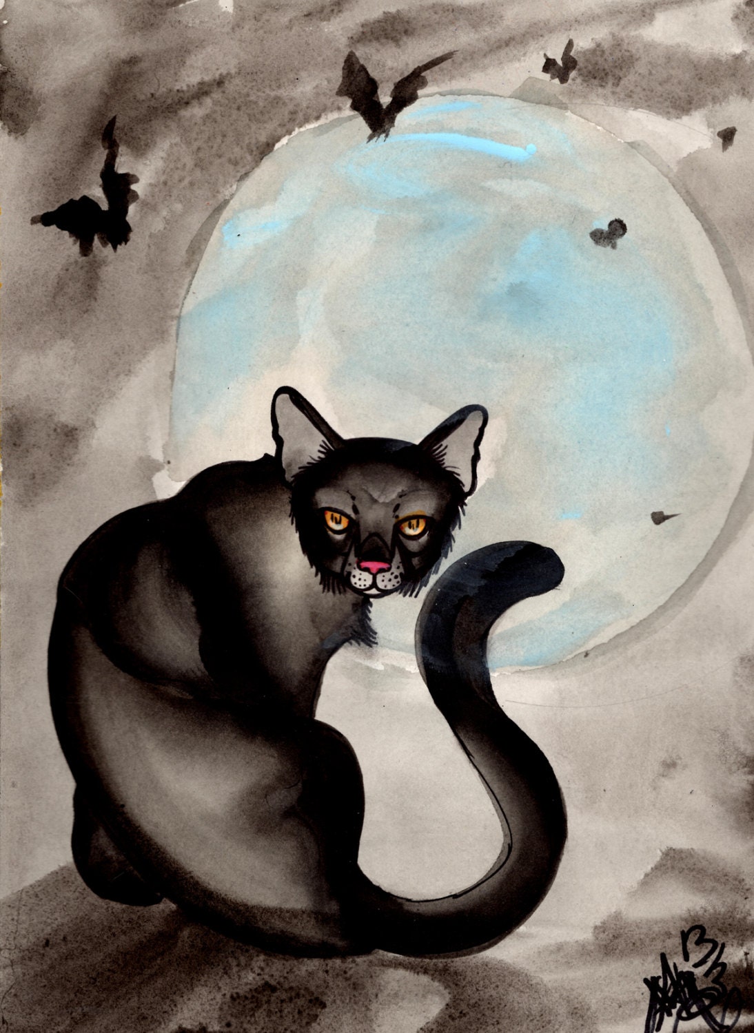 black cat and moon watercolor painting - resonanteyes