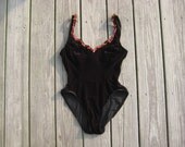 Vintage french cut black velour body suit one piece with red ribbon rose detail size small