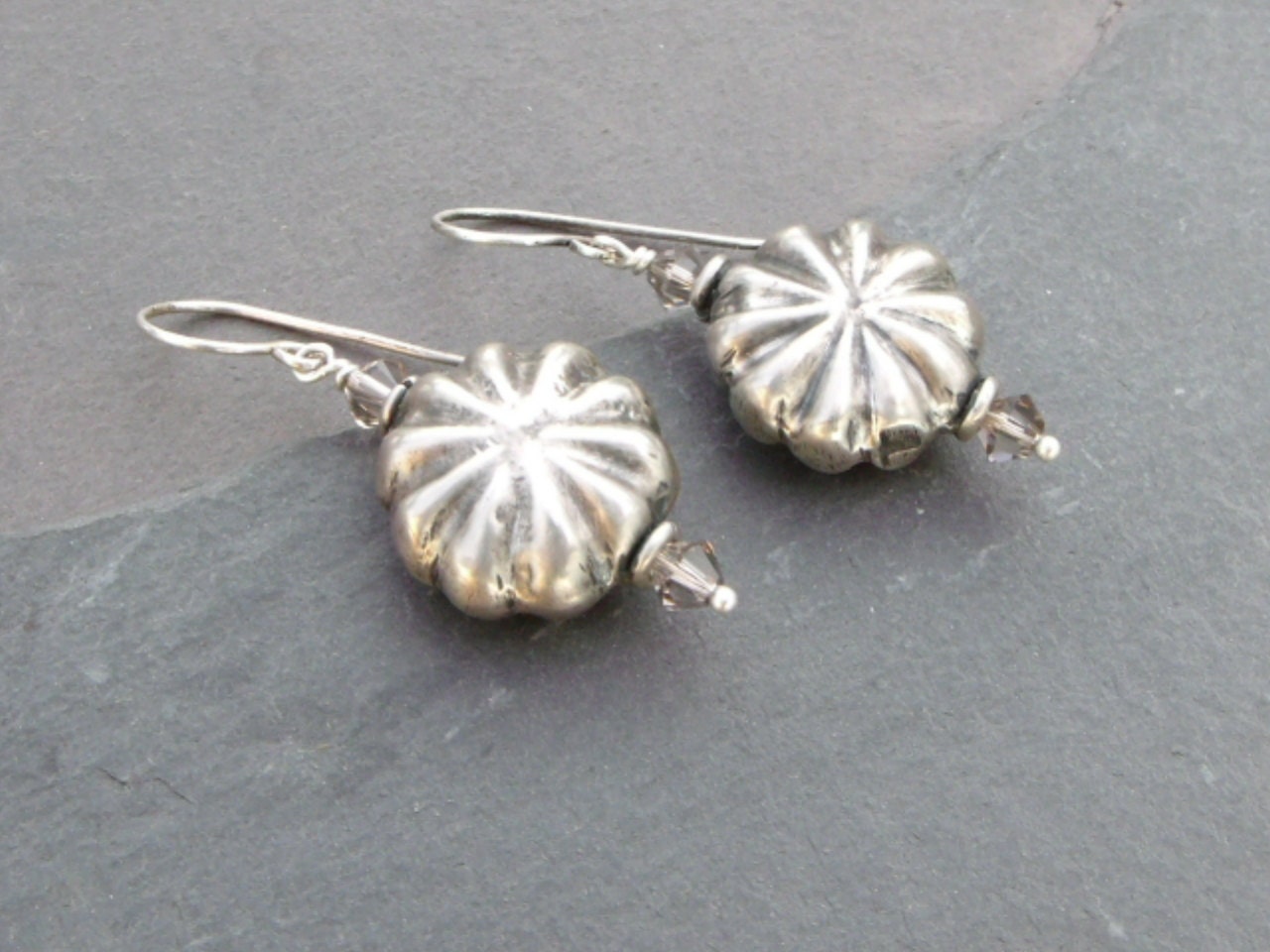 REDUCED - Starburst - Handcrafted Sterling Silver Vintage Bead Earrings with Swavorski Crystal