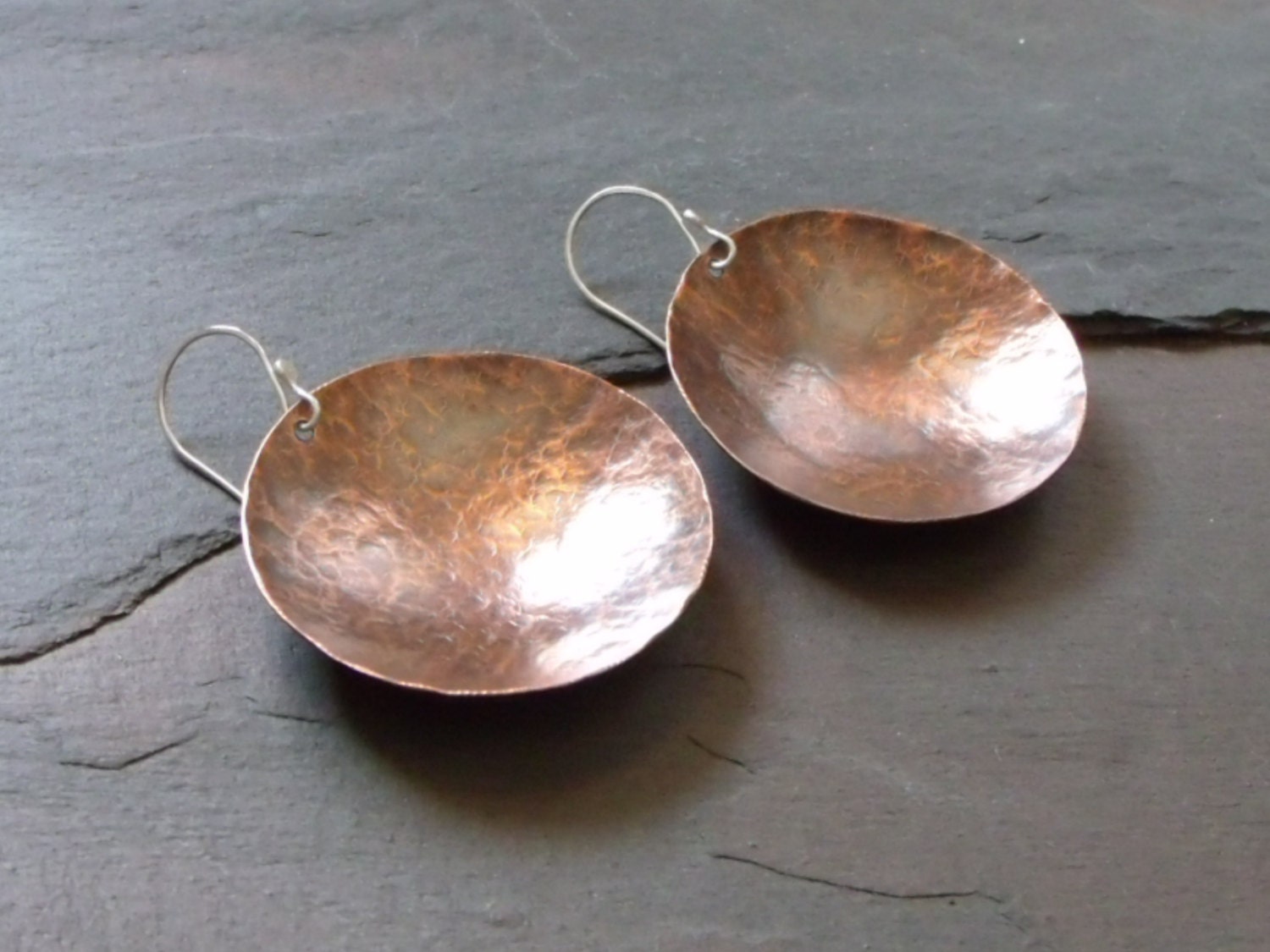 Large Hammered Rustic Copper Disc Earrings with Sterling Silver Earwires