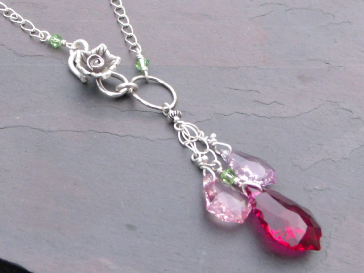 Rose Drops - Swavorski Crystal, Hill Tribe Fine Silver, and Sterling Silver Necklace