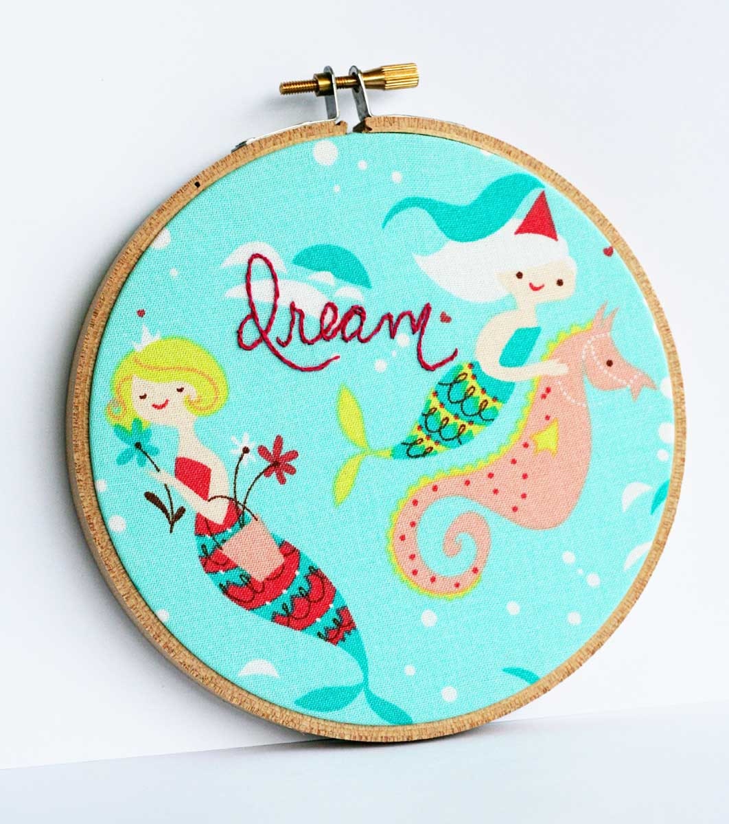 Dream Children's wall decor / turquoise mermaid fabric hoop /  pink embroidery  / 5 inch size / summer fun