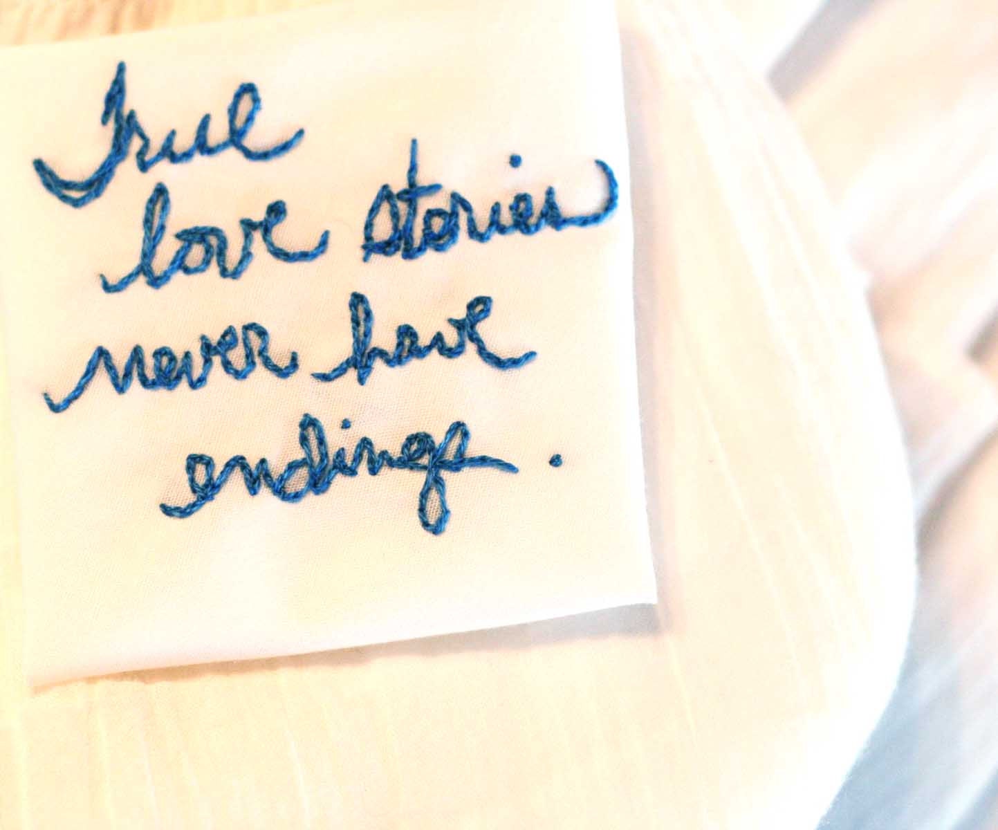 White wedding custom embroidery / stitched quote / something blue / to sew inside gown / 4 inch square fabric only