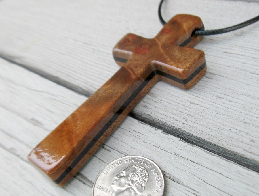 Large Wood Cross Necklace - Camphor Burl & Ebony - Men's Jewelry
