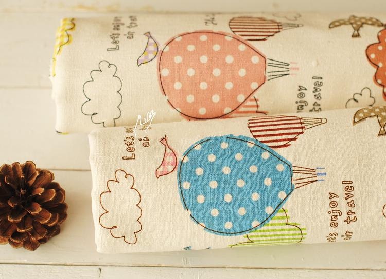 Japanese Cotton Linen Fabric - Fire Balloon Fabric Balloon Cloud In Sky Pink Blue Color 1/2 yard f011