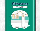 Retro poster, hipster, airstream, travel, typography poster, banner, flags, Adventure Awaits 11x14