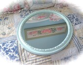 TREASURY ITEM Shabby Ice Blue Ornate Carved Wall MIRROR Round Oval Vintage Cottage Chic