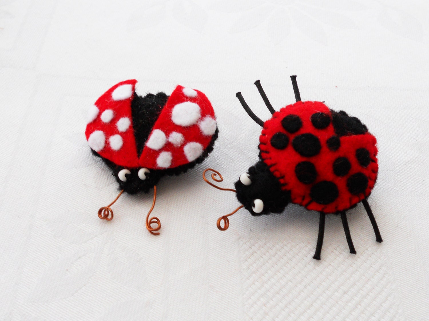 Ladybugs Ladybirds Brooches FIVE Brooches Easter Spring Pins Felted Brooches Kids Jewelry Red Black White Spring Made To Order - oddandcurious