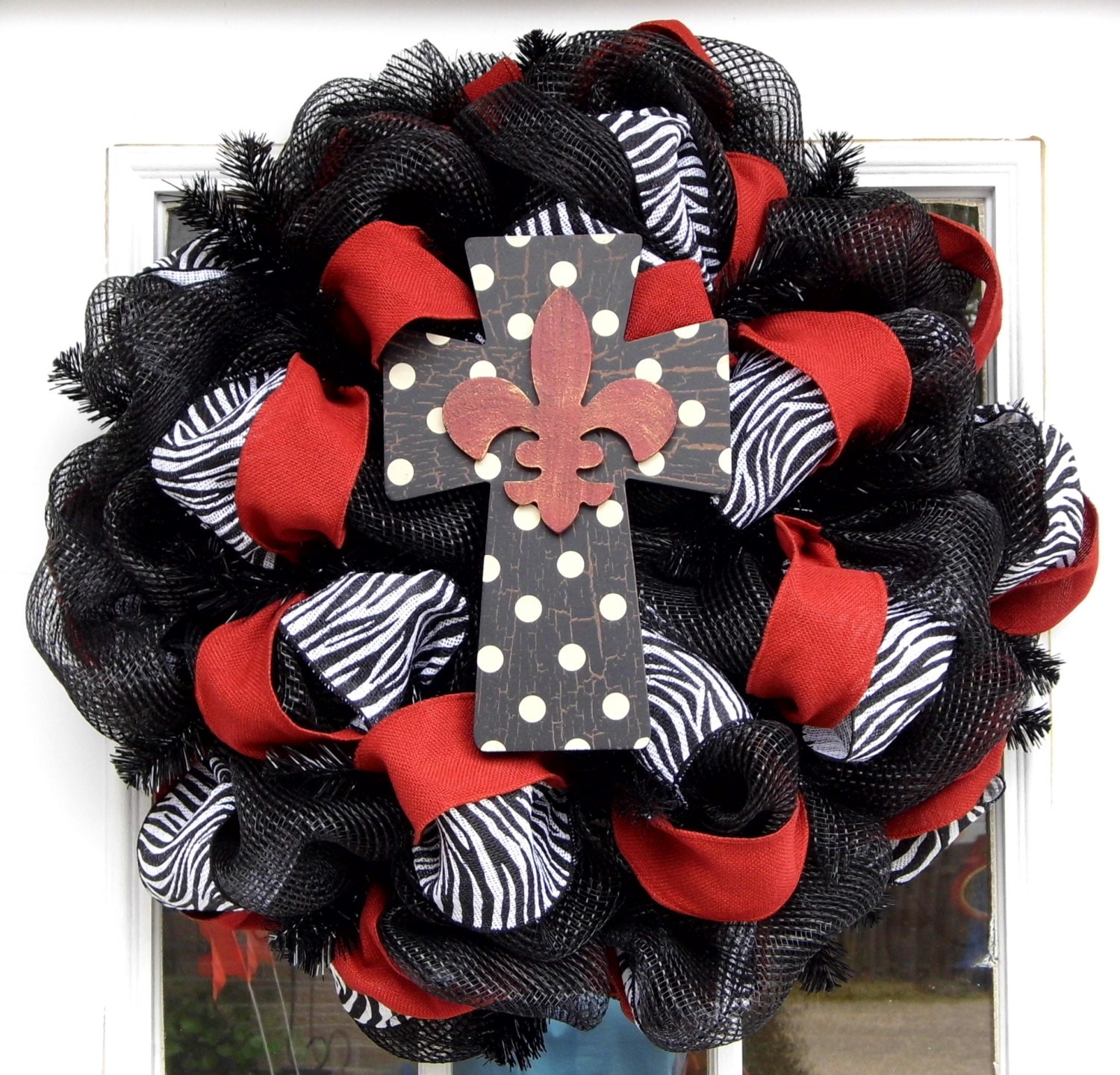 Deco Mesh Wreath with Cross Zebra Print Ribbon