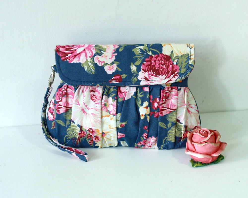 Dark Blue Floral Clutch - Rose clutch purse