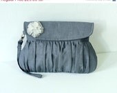 SALE - Charcoal Grey Linen Clutch with white beaded flower