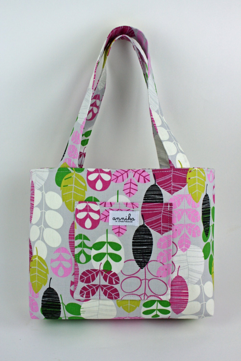 Medium Tote in Gray, Pink, White, Green and Black Leaf...From Annika in Chautauqua