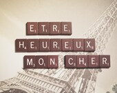 French Decor Be Happy Love French Eiffel Tower Paris France Friendship Scrabble Tile Art Sepia, 5 x 7 Fine Art Print