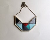 Small embroidered geometric necklace bib in mint green grays and violet triangles dramatic design
