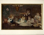 Antique french little framed MINIATURE CHROMOLITHOGRAPH Victorian children - PARIS 1900
