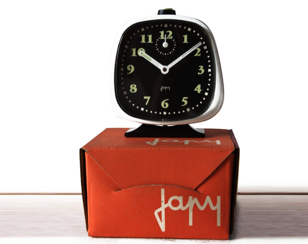 Vintage  MIDCENTURY DESIGN French Black and White Japy  Alarm clock in its original packaging