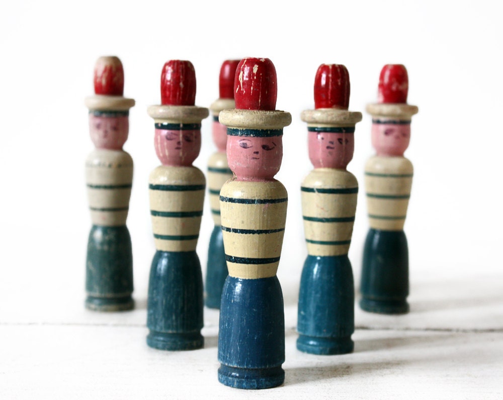 Rare set of 6 old Little french Marine bowling PINS -  WHISTLE SKITTLES
