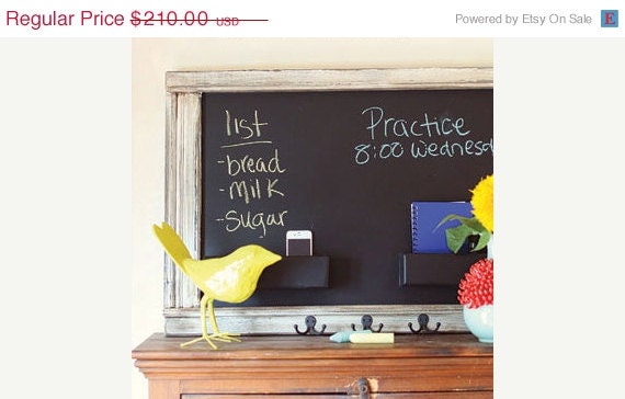 ON SALE Shabby Chic Framed Chalkboard Mail Organizer Medium with 2 pockets and 3 key hooks