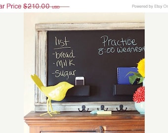 ON SALE Shabby Chic Framed Chalkboard Mail Organizer Medium with 2 pockets and 3 key hooks