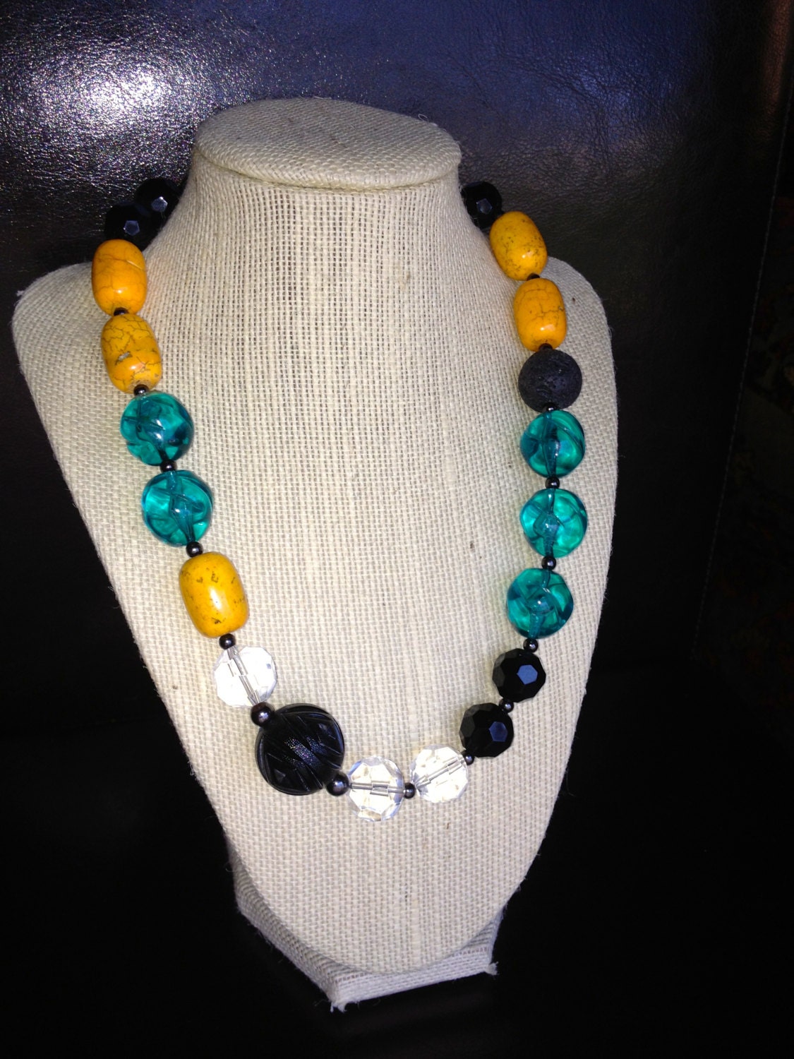 Sunny and Cool-fun chunky beaded necklace in yellow and turquoise