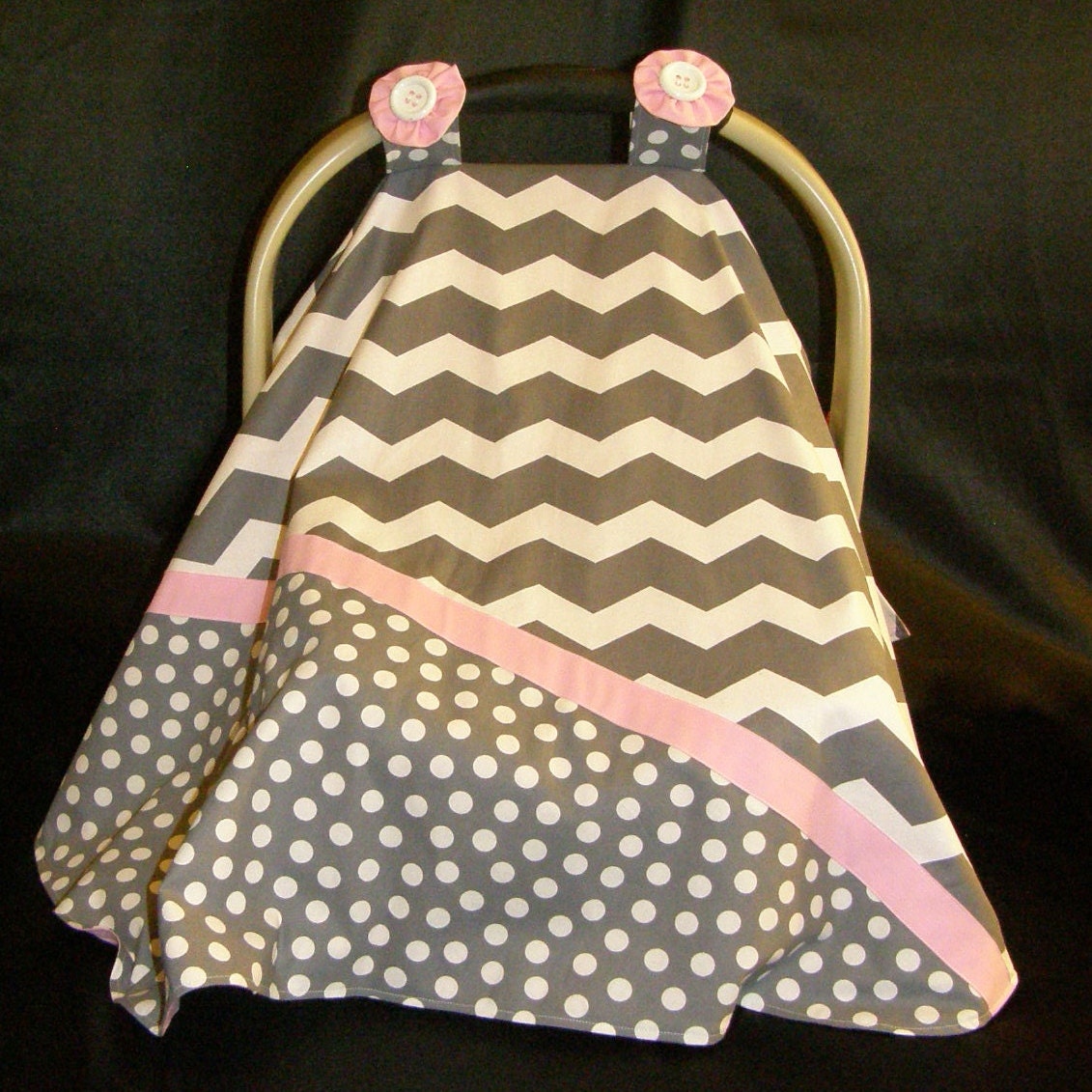 Car Seat Canopy - Grey Cheveron and Pink